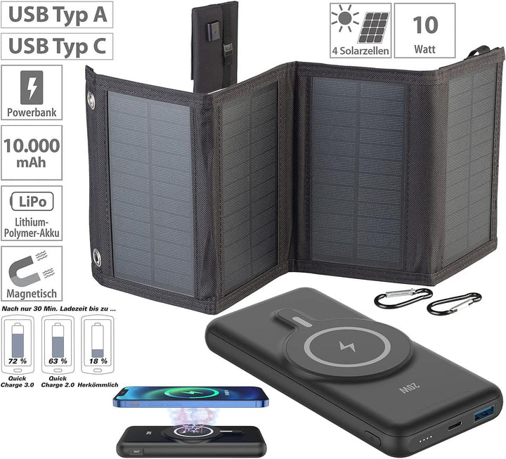 revolt Solar-Powerbank Qi: Magnetische Powerbank + Falt-Solarpanel, 10.000 mAh, für Qi & MagSafe (So