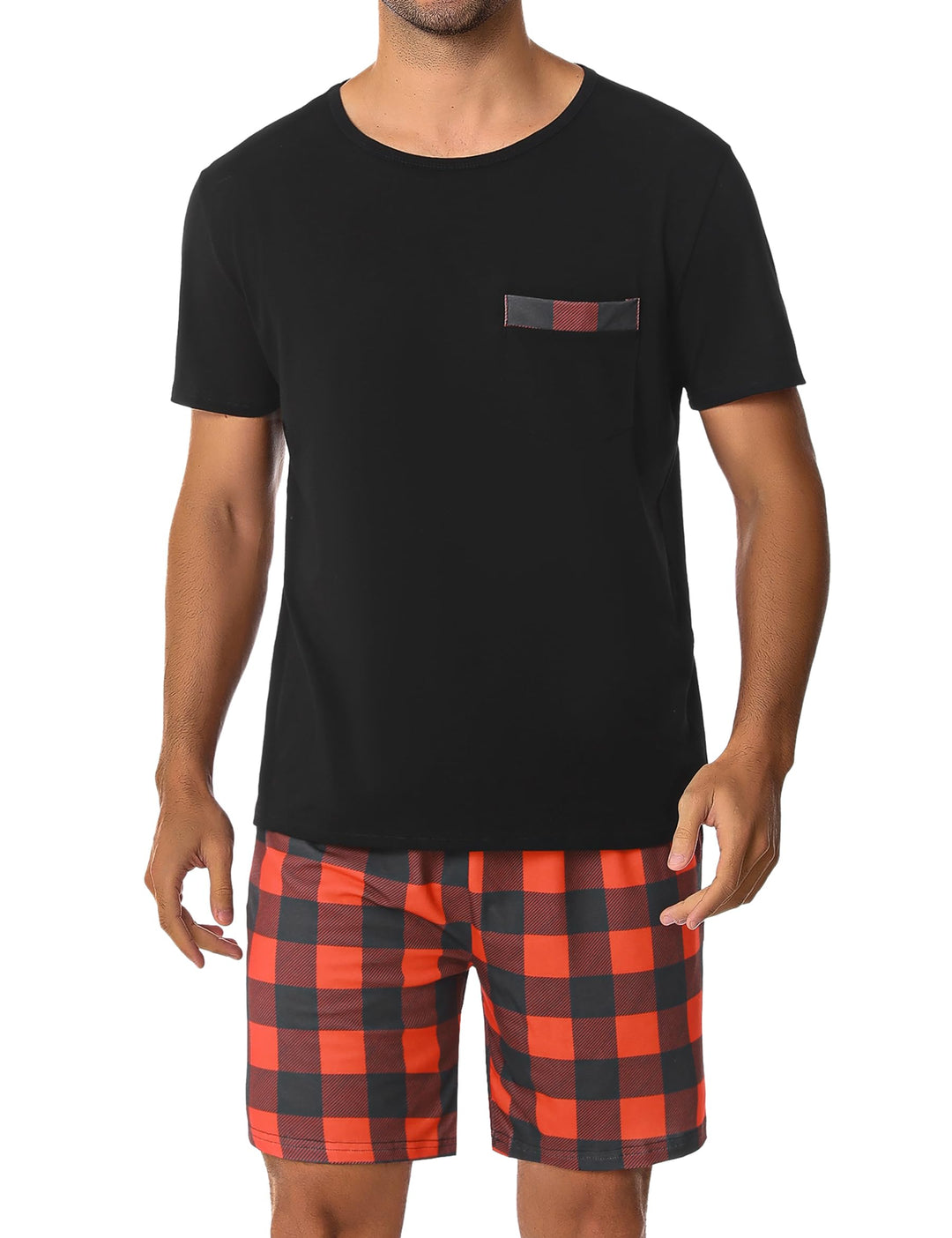 Schlafanzug Herren Kurz aus Baumwolle mit Kontraststreifen Design, Sommer Pyjama Set Oberteile und K