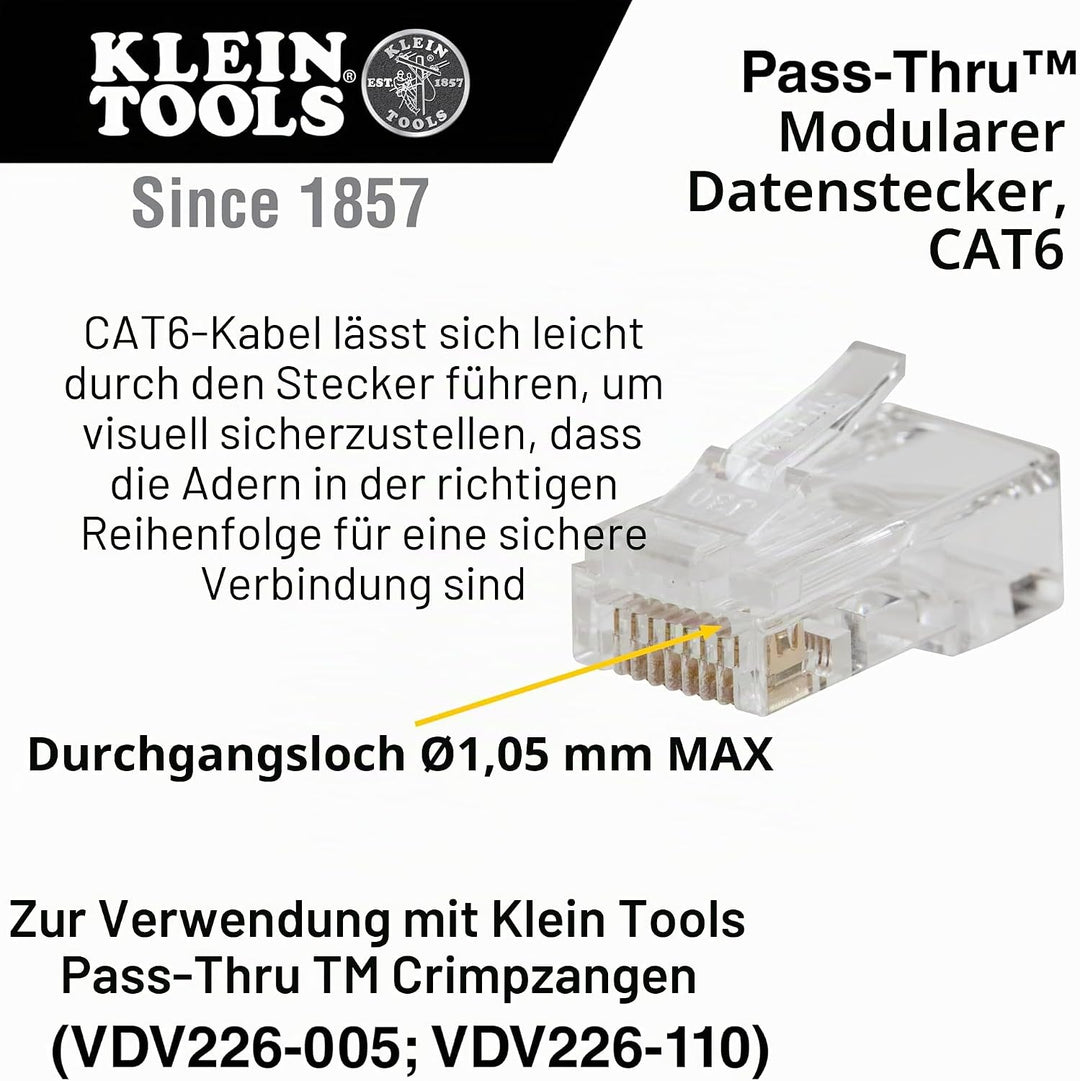 Klein Tools VDV826-703 Modularer Daten-Stecker, RJ45, CAT6, Durchgangsverbinder, 50 Stück, Farblos,
