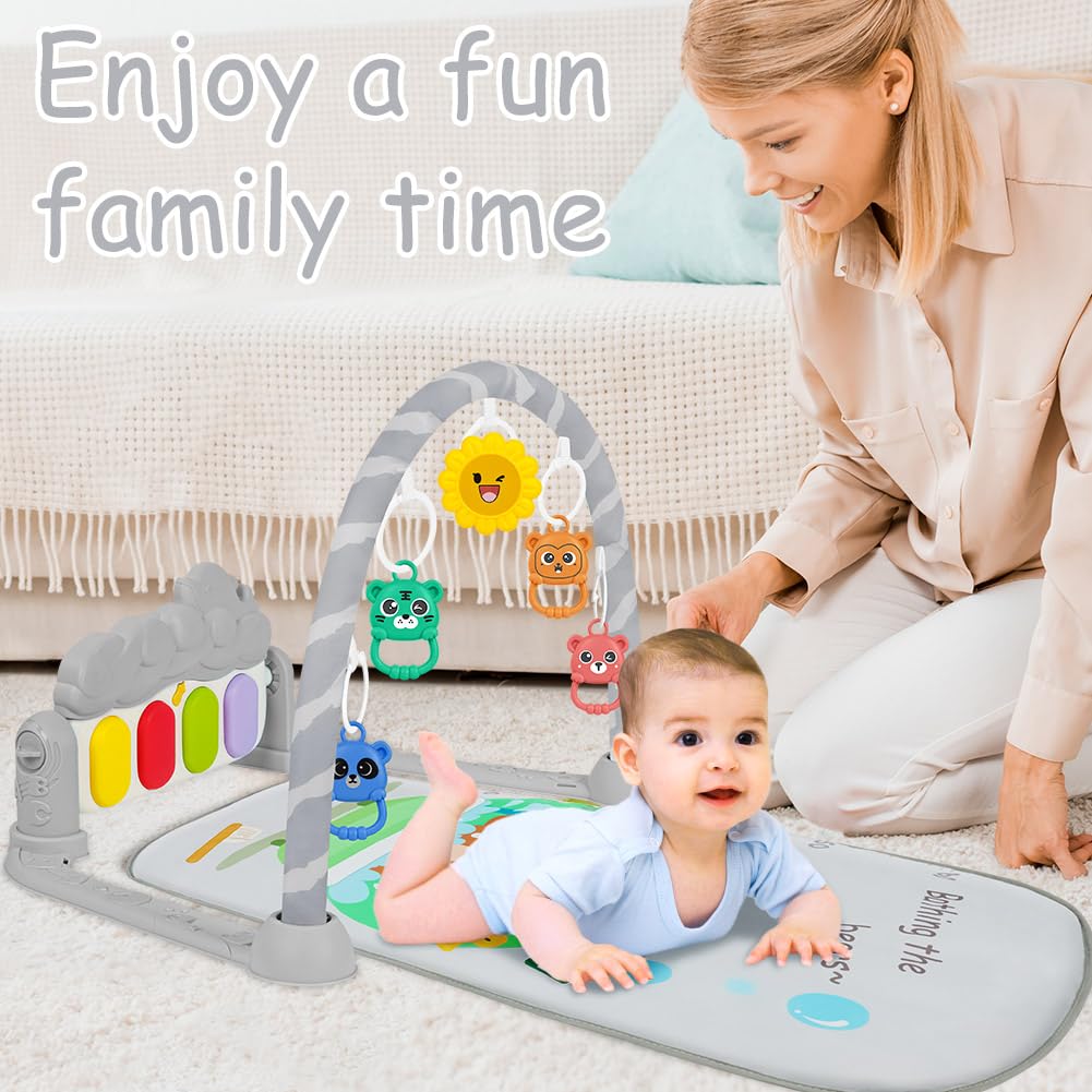 AOMIG Piano-Gym Spieldecke, Krabbeldecke mit Musik und Lichtern, Spielmatte mit Spielbogen abnehmbar