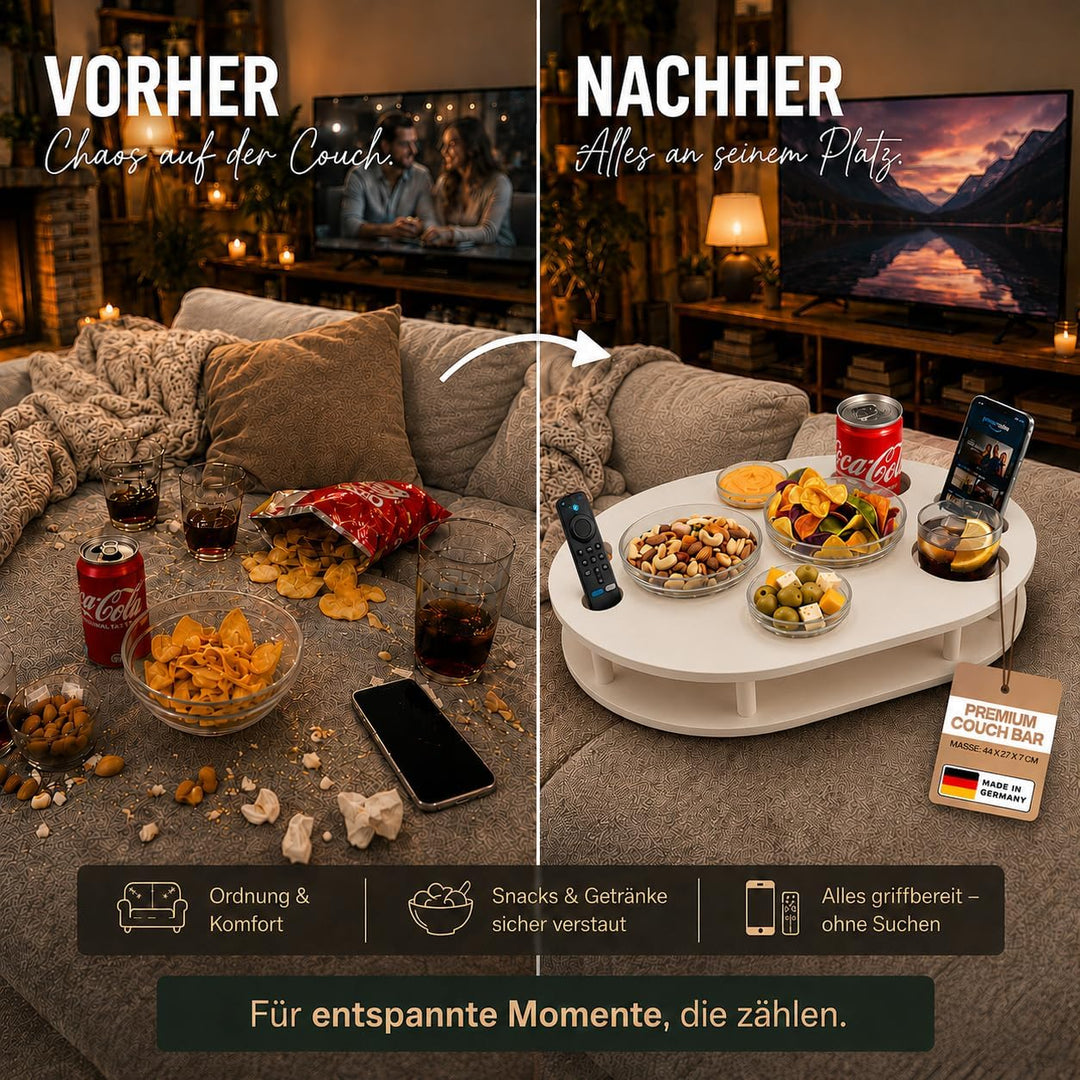 Couchbar Snackbox in weiss mit 4 Glasschalen - Sofabar für Snacks und Getränke - Getränkehalter für