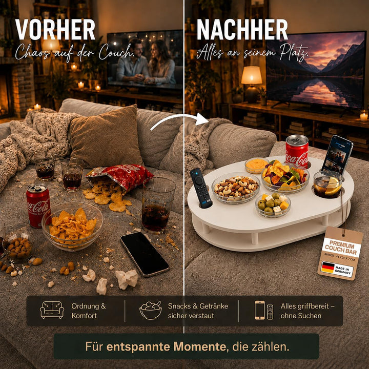Couchbar Snackbox in weiss mit 4 Glasschalen - Sofabar für Snacks und Getränke - Getränkehalter für