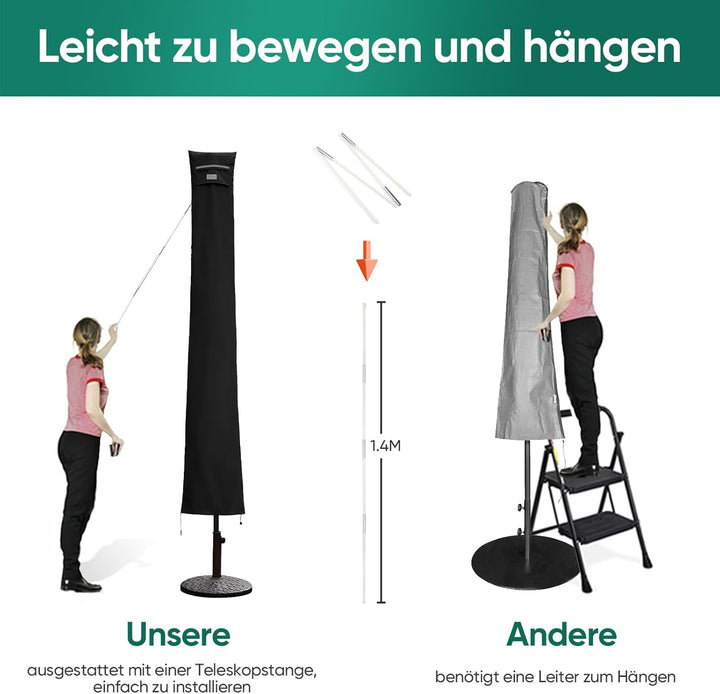 Sekey Sonnenschirm Schutzhülle mit Stab, Abdeckhauben für Ø 350cm / 200x300cm Gartenschirm mit Belüf