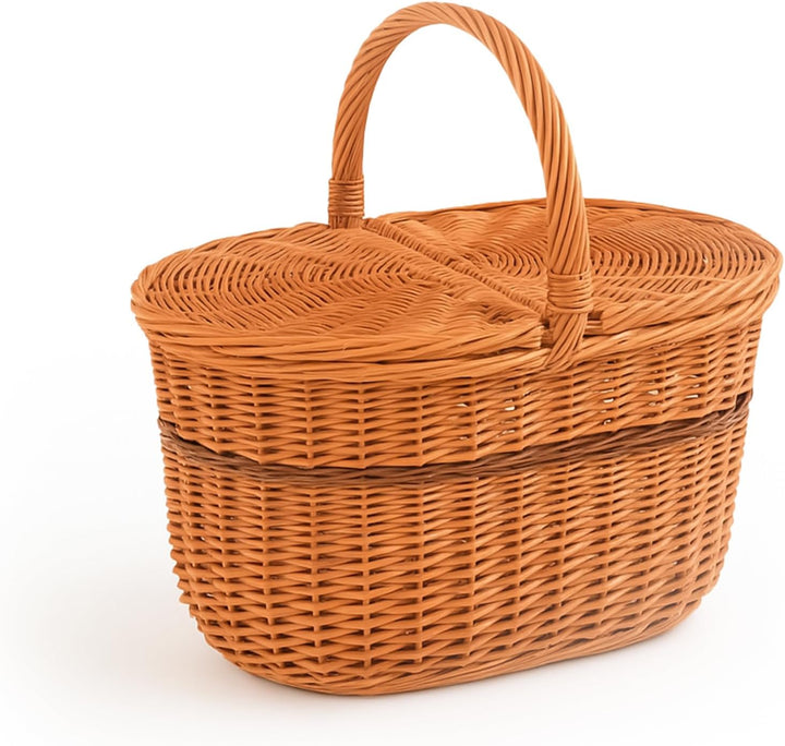 Natural Weiden-Picknickkorb mit Deckel 40 x 40 x 28 cm, Einkaufskorb geflochten aus Weide, Pilzkorb,