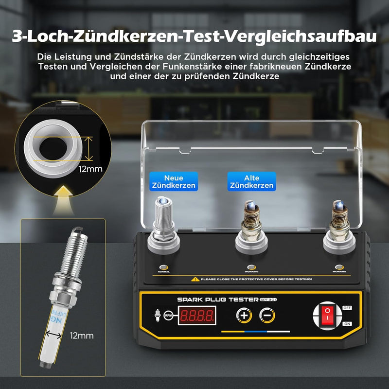 3-Loch Zündkerzen Tester, 220 V Zündfunkenprüfer mit LCD-Display, Zündungsprüfer einstellbare Arbeit