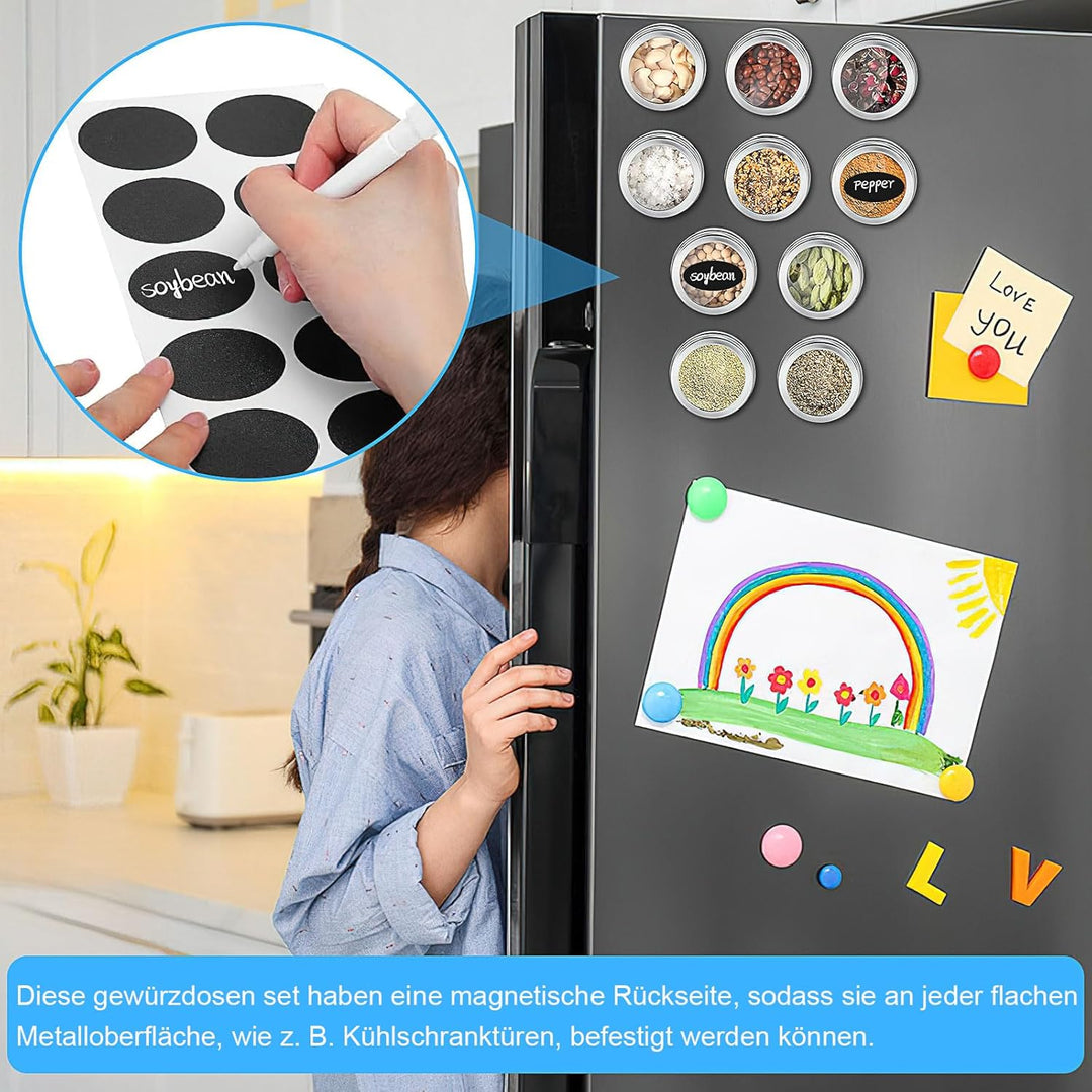 24 Stück Magnetische Gewürzdosen aus Edelstahl, Magnet Gewürz Aufbewahrung Dosen Set mit Transparent