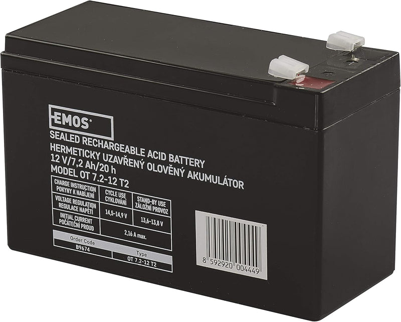 EMOS - Wartungsfreier Bleiakku - 12V 7,2Ah - AGM Batterie - Faston 6,3mm Anschluss - Für USV-Geräte,