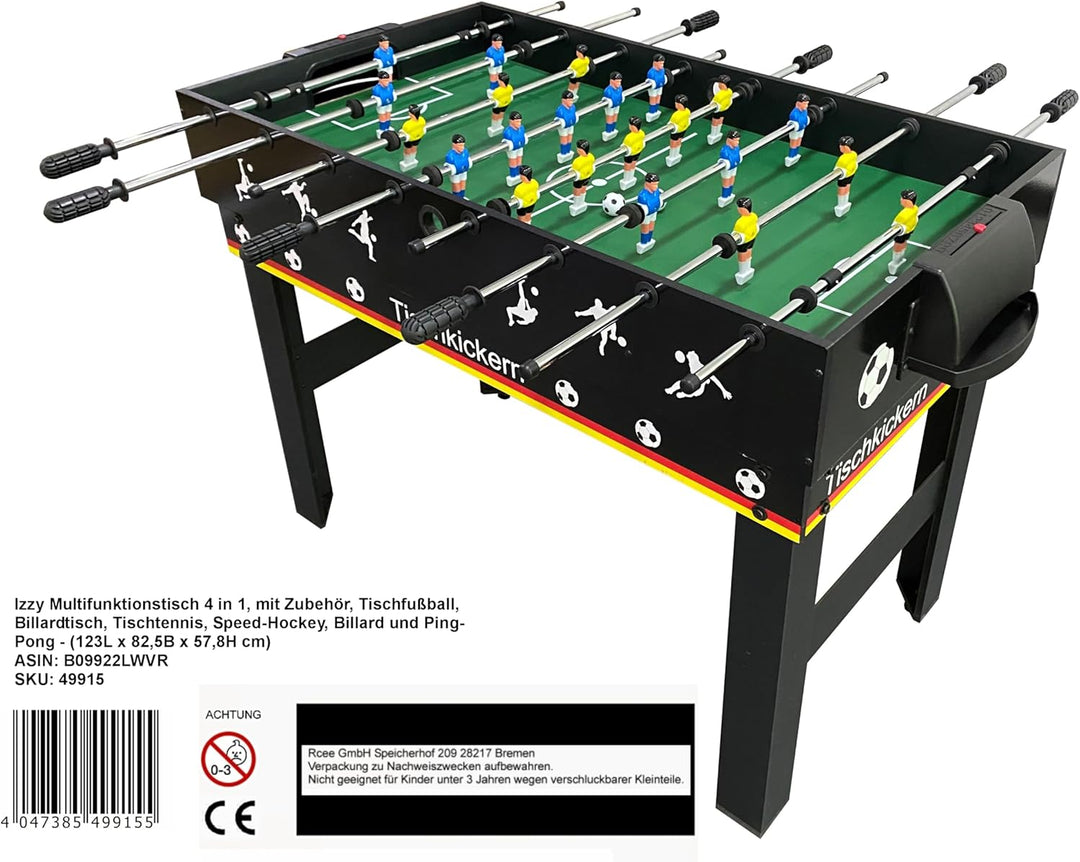 Izzy Tischkicker Multigame Spieletisch 4 in 1, inkl. komplettem Zubehör, Spieltisch mit Kickertisch,