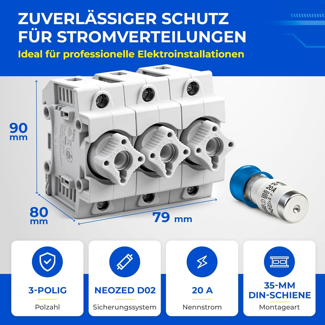 grenda-hammer® | Neozed Sicherungssockel mit Schraubkappen und 3x Schmelzsicherungen (D02-3x20 Ampèr