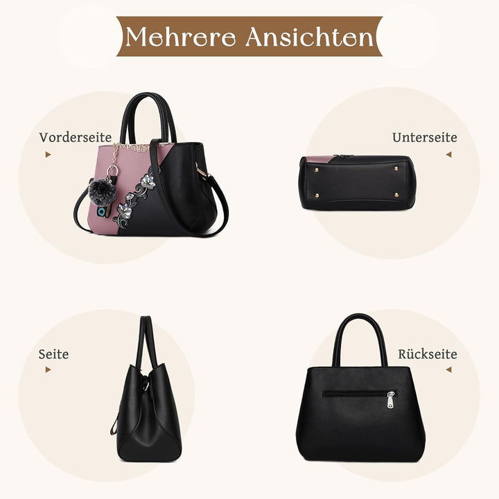 VARLIVOO Damen Handtasche Schultertasche Blumenmuster Frauen Umhängetasche Pom Pom Dekoration Shoppe