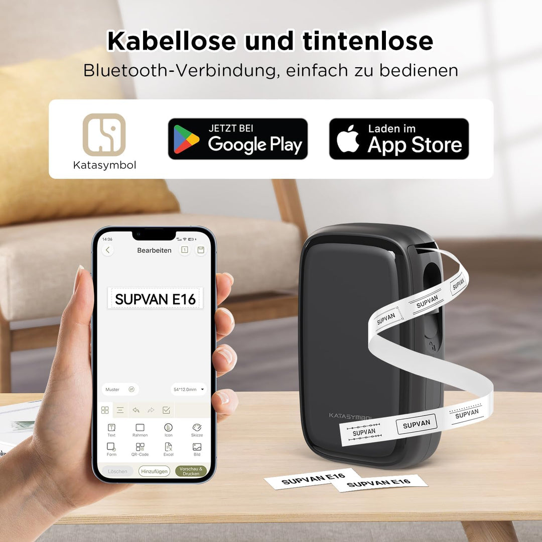SUPVAN E16 Etikettendrucker Bluetooth mit 15 mm x 6 m wasserdichte Etiketten selbstklebend，für iOS &