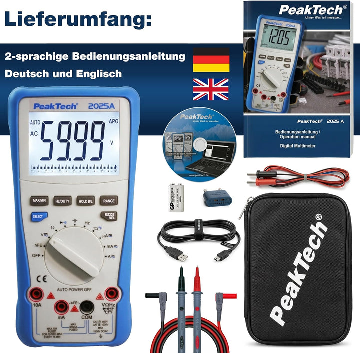 PeakTech 2025 A – True RMS Digital Multimeter, 6.000 Counts, integrierte Datenschnittstelle mit Soft