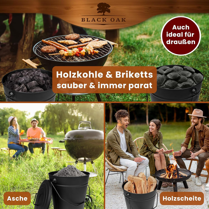 BLACK OAK Ascheeimer ETNA 14L – schwarz mit Deckel - gross 14 Liter - Stahl feuerfest verzinkt & pul
