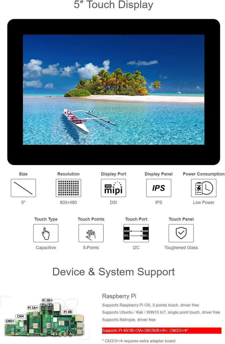 Waveshare 5inch Capacitive IPS Touch Display for Raspberry Pi with 800×480 Resolution DSI Interface