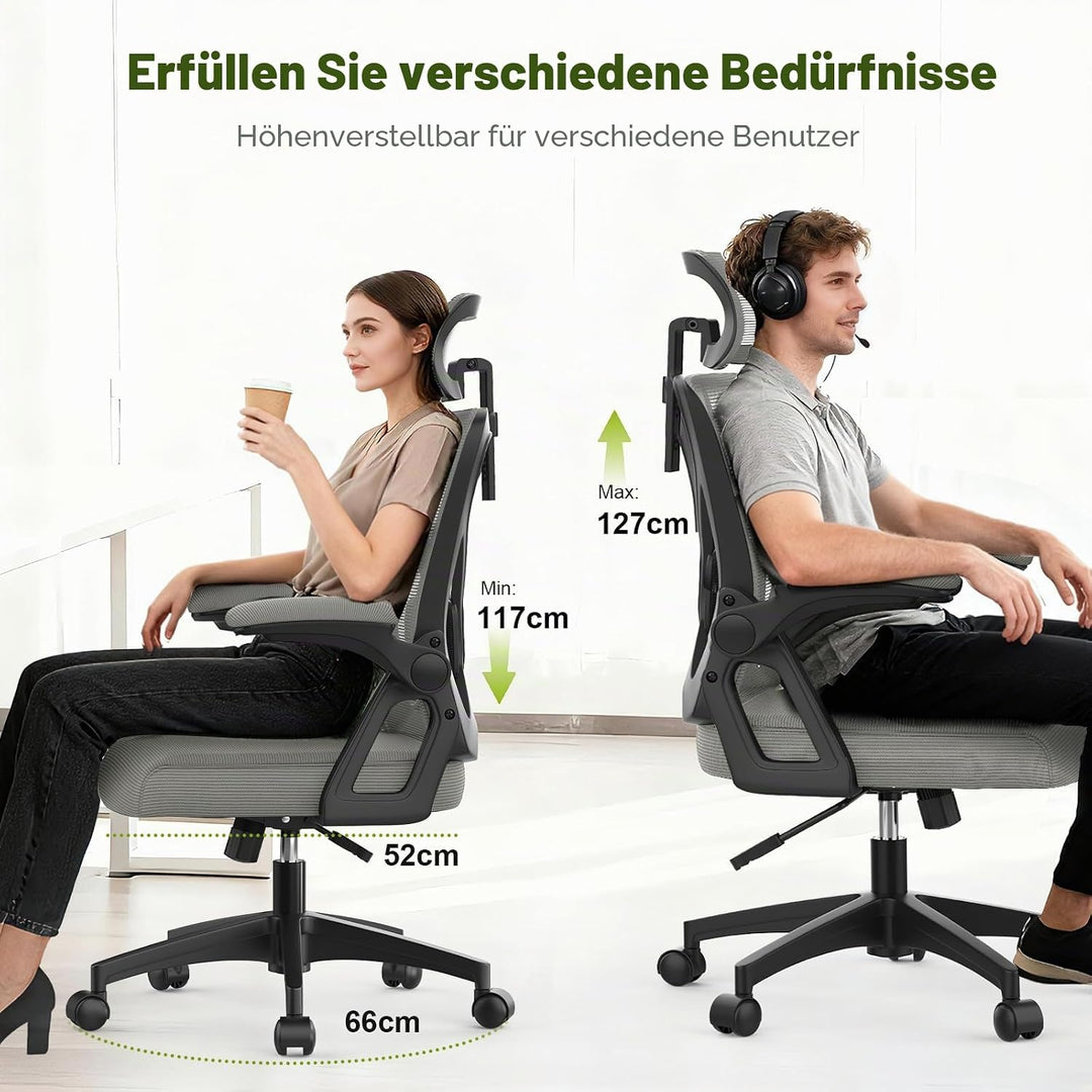 Bürostuhl, ergonomischer Schreibtischstuhl mit gepolsterter Lendenwirbelstütze und hochklappbaren Ar