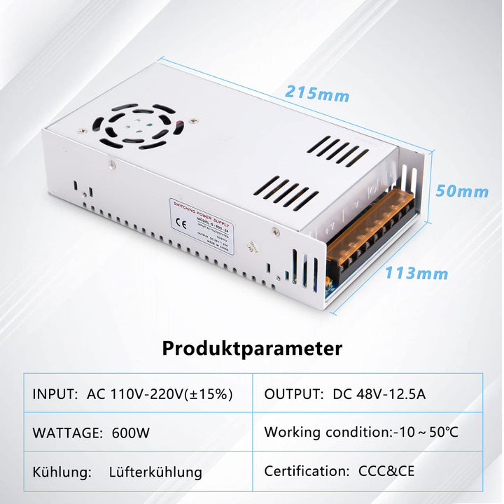 ANGEEK 48V 12.5A 600W DC Schaltnetzteil AC 110V/220V auf DC-48V Netzteil, Transformator mit konstant