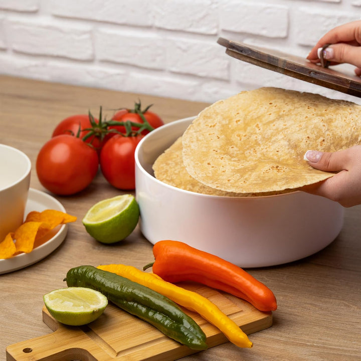 Tortillada - 23,5 cm Tortilla Wärmer mit Holzdeckel, Keramik Tortilla Warmer, Wrap Wärmer - Für Mikr