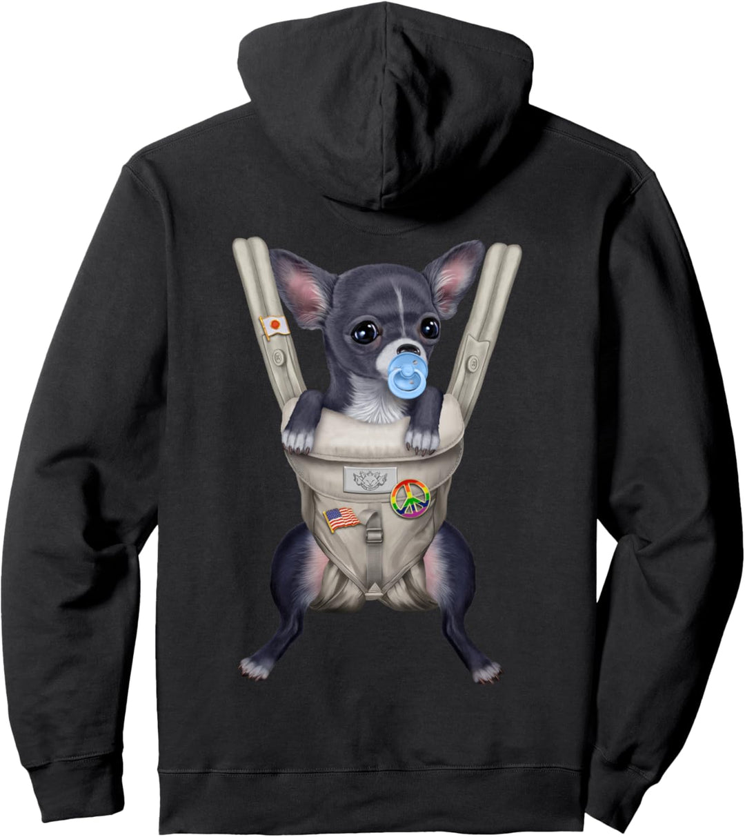 Blauer Chihuahua-Hund mit einem Schnuller in der Babytrage Pullover Hoodie