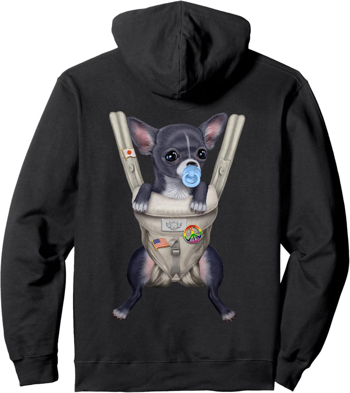 Blauer Chihuahua-Hund mit einem Schnuller in der Babytrage Pullover Hoodie