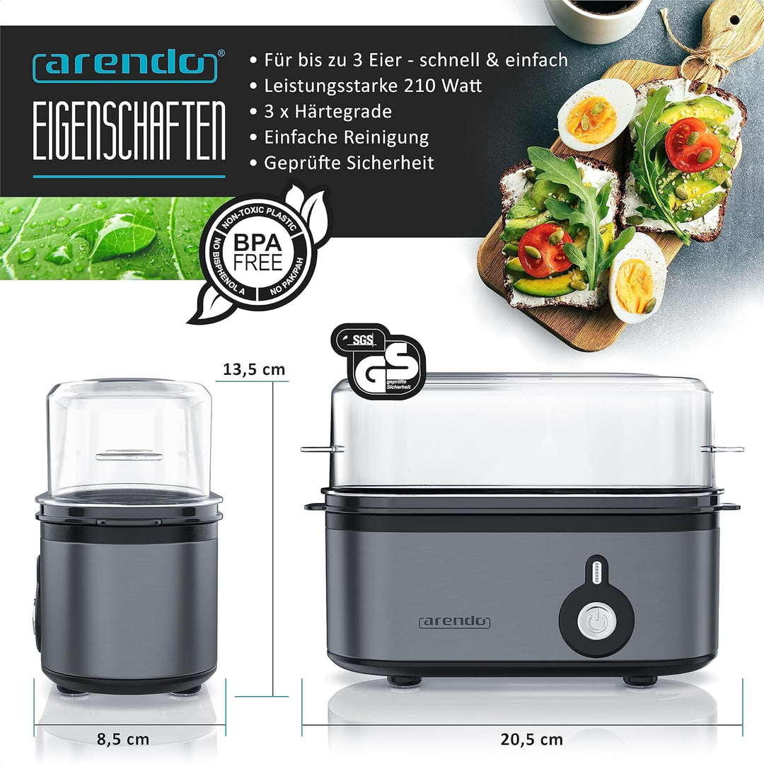 Arendo - Edelstahl Eierkocher Threecook - Egg Cooker - EIN AUS-Schalter - Wählbarer Härtegrad - 210