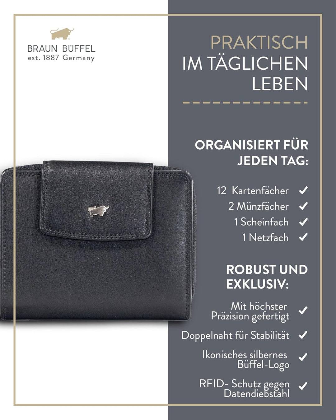 BRAUN BÜFFEL Herren Geldbörse aus echtem Rindsleder Golf mit RFID Schutz - Mittelgrosse Reissverschl