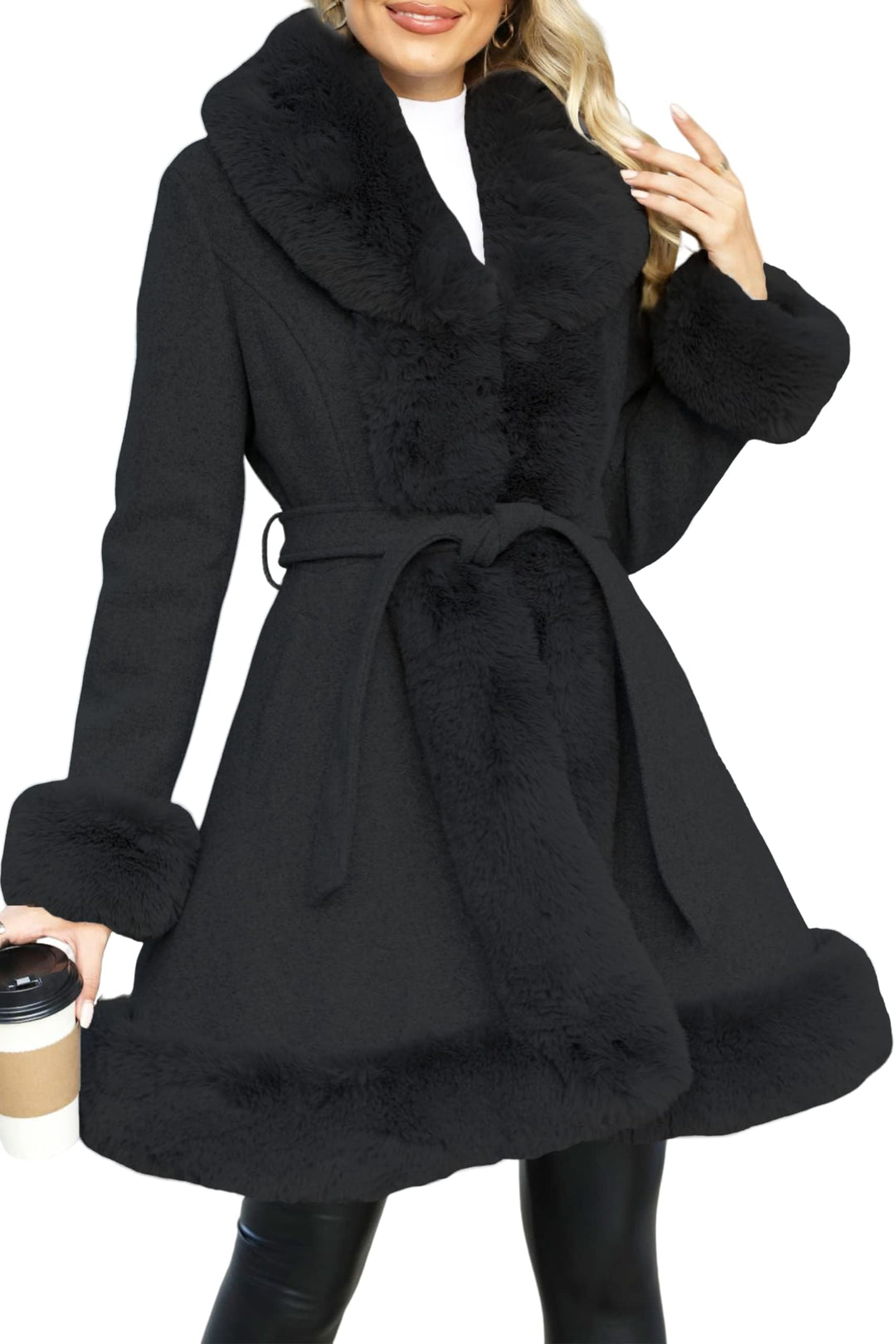 Giolshon Langer Damen Oberbekleidung aus Kunstleder und Wollimitat mit Gürtel Fleece Kleid Warmer Wi