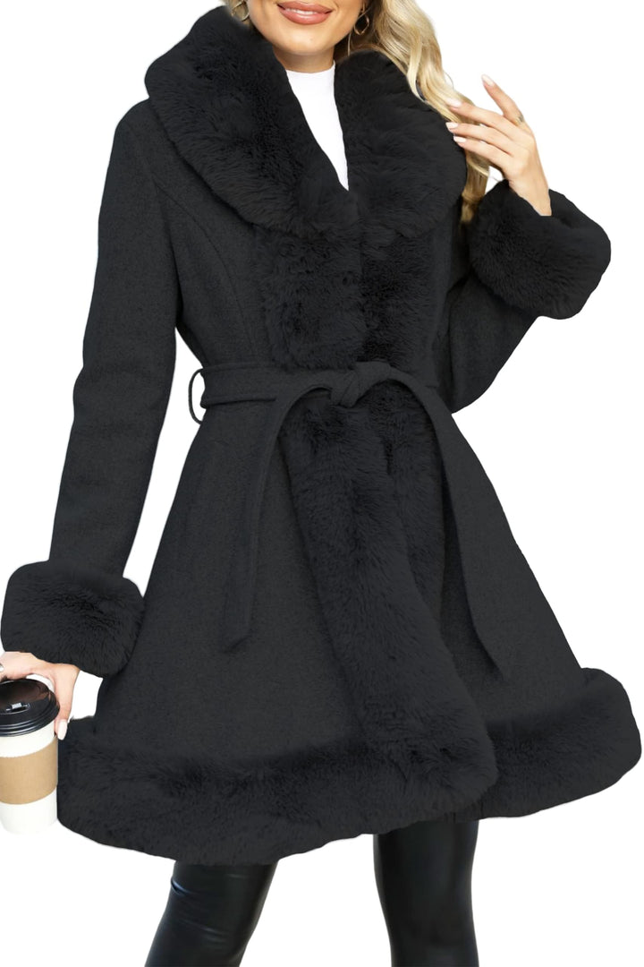 Giolshon Langer Damen Oberbekleidung aus Kunstleder und Wollimitat mit Gürtel Fleece Kleid Warmer Wi