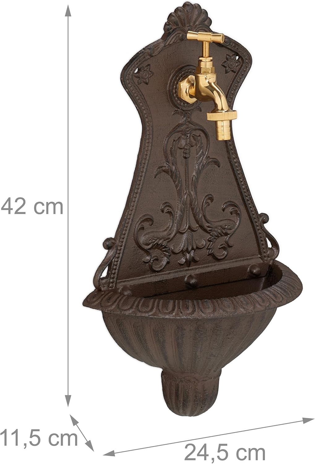 Relaxdays Wandbrunnen, nostalgischer Gartenbrunnen, Waschbecken & Wasserhahn, HBT: 42 x 24,5 x 11,5