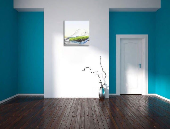 Pixxprint Glühbirne mit Pandabären und Ozean mit Leuchtturm, Format: 70x70 auf Leinwand, 70x70