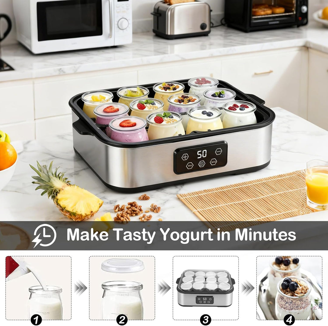Joghurtbereiter 2200ml, Joghurt Machine mit 12 x 180ml Gläsern, Digitale Joghurtmaschine aus Edelsta