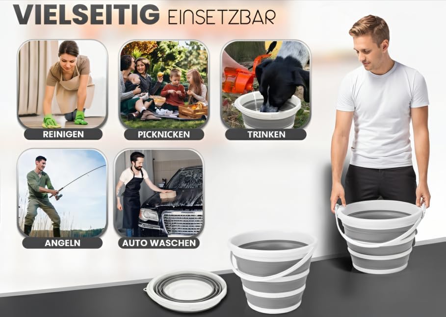 Pantelej Zusammenfaltbarer Silikoneimer 10 Liter inkl. 2 Verstärkungsringe, Wassereimer Langlebiger,