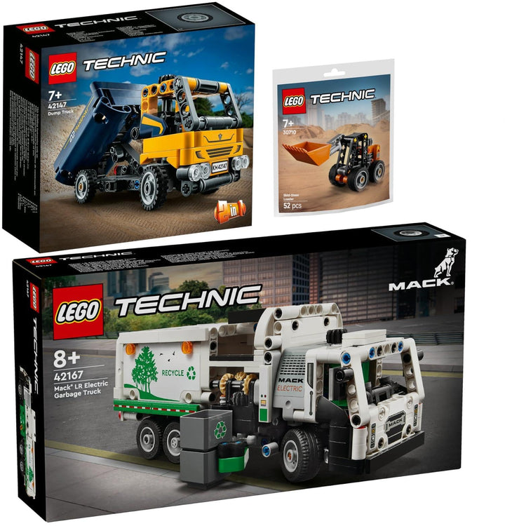 Lego Technic Set: 42167 Mack LR E Müllwagen, 42147 Kipplaster & 30655 Gabelstapler mit Palette
