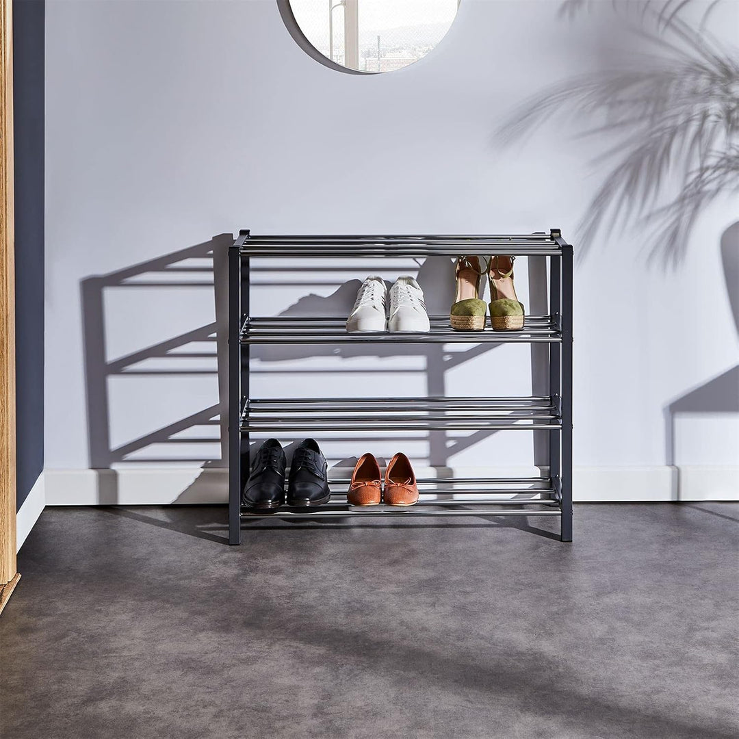 IDIMEX Schuhregal Dublin mit 4 Ablagen in grau. Robustes Metallregal für Flur Schuhaufbewahrung. Sch