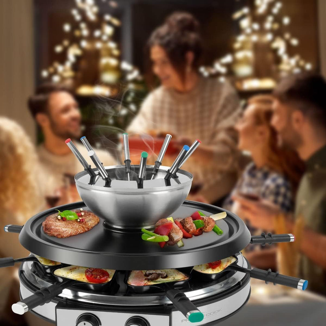 ProfiCook Raclette Fondue Kombination für 8 Personen, 2in1 elektrischer Tischgrill Set inkl. Spatel