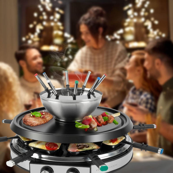 ProfiCook Raclette Fondue Kombination für 8 Personen, 2in1 elektrischer Tischgrill Set inkl. Spatel