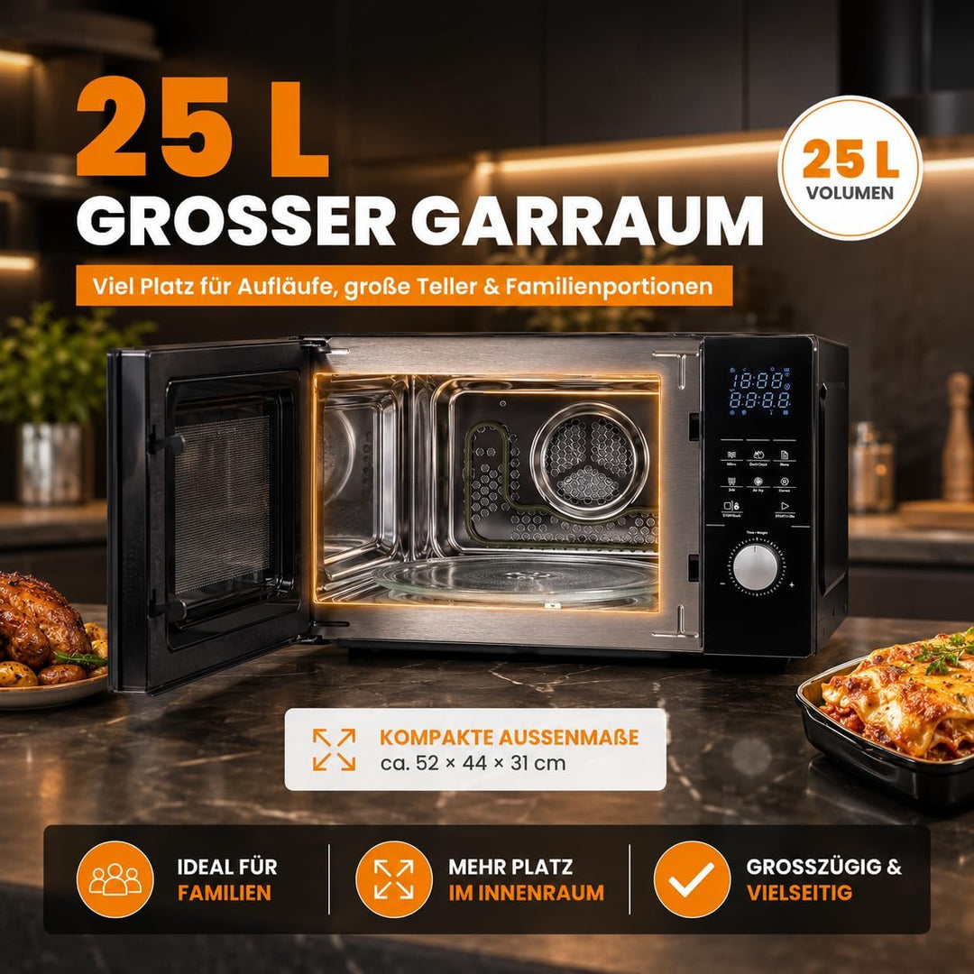 4in1 Mikrowelle Schwarz - Grill, Heissluft-Fritteuse, Konvektion -2200 W, 8 Programme, 60 Min Timer,