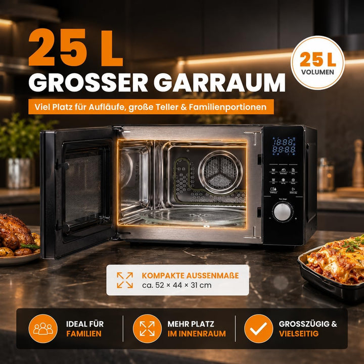4in1 Mikrowelle Schwarz - Grill, Heissluft-Fritteuse, Konvektion -2200 W, 8 Programme, 60 Min Timer,