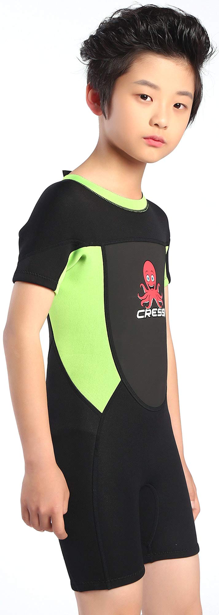 Cessi Smoby Shorty Wetsuit - Unisex Shorty Neoprenanzug 2 mm für Kinder Schwarz/Grüner Fluo 9/10 Jah
