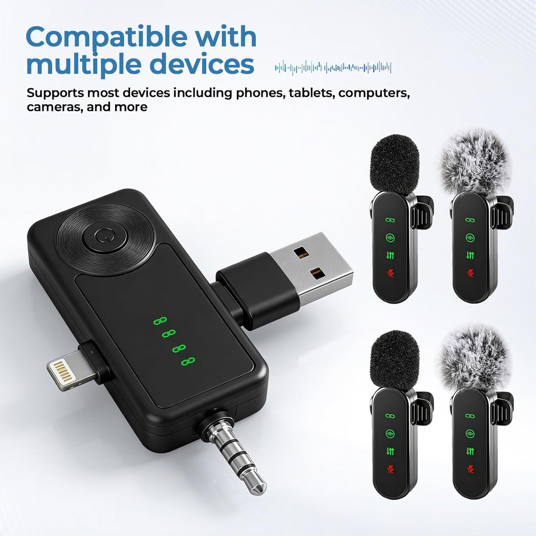 Kabellose Lavalier-Mikrofone mit LED-Anzeige, 4 Stück, Lavalier-Mikrofone, Clip-on-Mikrofon, Auto-Pa