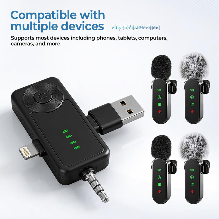 Kabellose Lavalier-Mikrofone mit LED-Anzeige, 4 Stück, Lavalier-Mikrofone, Clip-on-Mikrofon, Auto-Pa