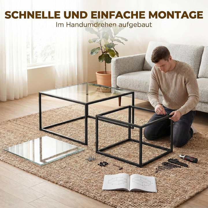 HOMCOM Couchtische 2er-Set Satztisch mit Gehärteter Glasplatte Schwarz