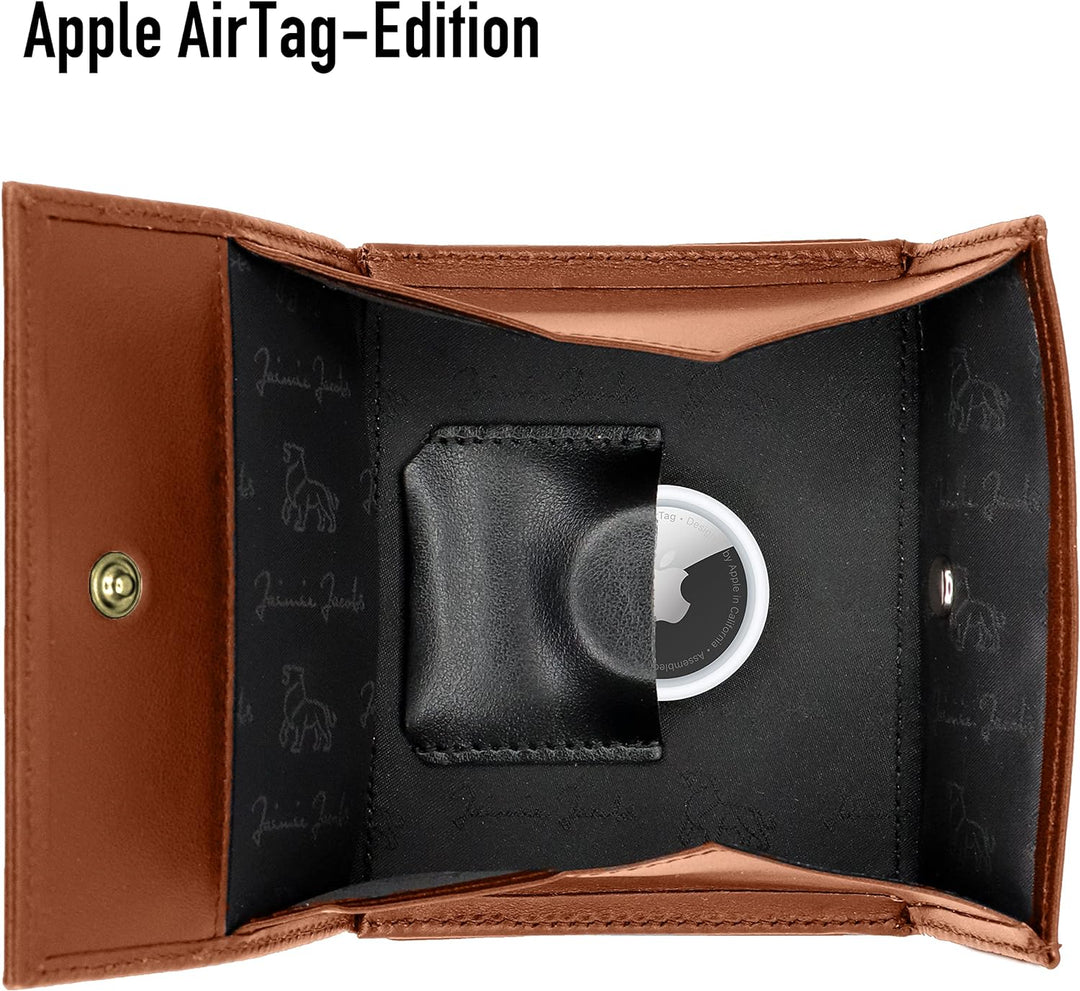 Jaimie Jacobs Flap Boy AirTag-Edition mit Gravur Magic Wallet Echtleder (Dunkelbraun mit Rot), Dunke
