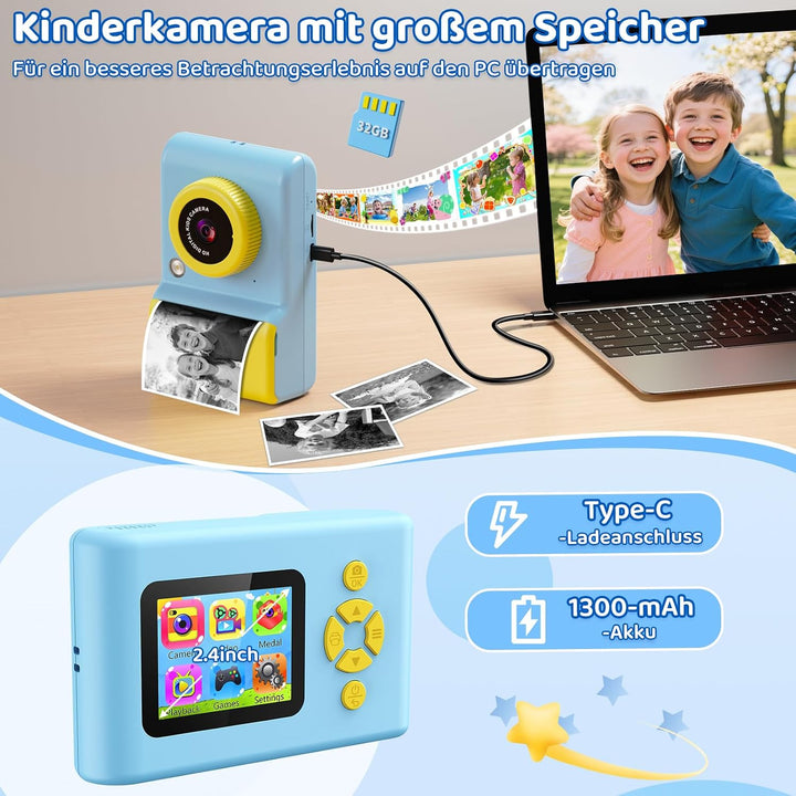 uleway Kinderkamera Sofortbildkamera, 2,4 Zoll Bildschirm Kinder Kamera mit 32G Karte und Fotopapier