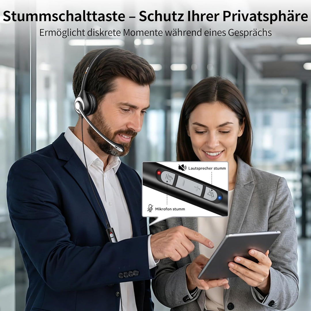 Wantek 602F Headsets mit Kabel Noise Cancelling Mikrofon USB 3,5mm Stecker und Typ-C Adapter für Com