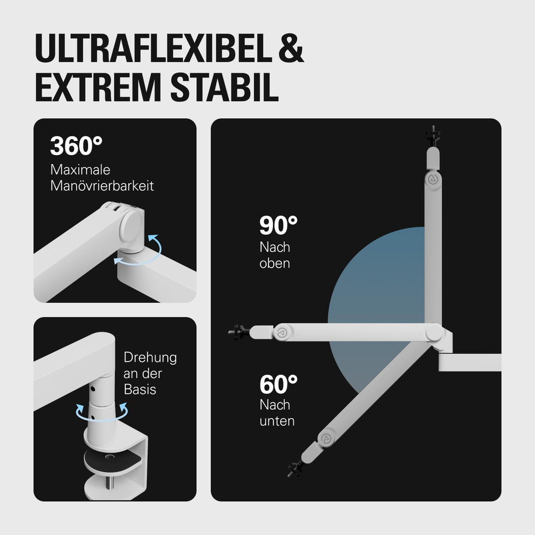 Elgato Wave Mic Arm Pro White – 360° drehbarer Mikrofonarm mit niedrigem Profil und Gasfeder, kompat