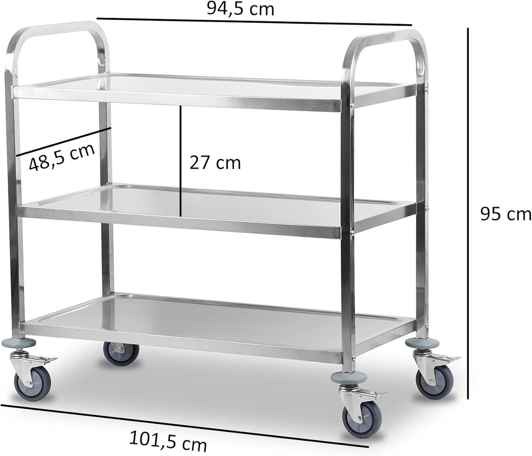 Mahlzeit Edelstahl Servierwagen mit 3 Etagen | 101,5 x 95 x 48,5 cm | Servicewagen mit Rollen und Fe