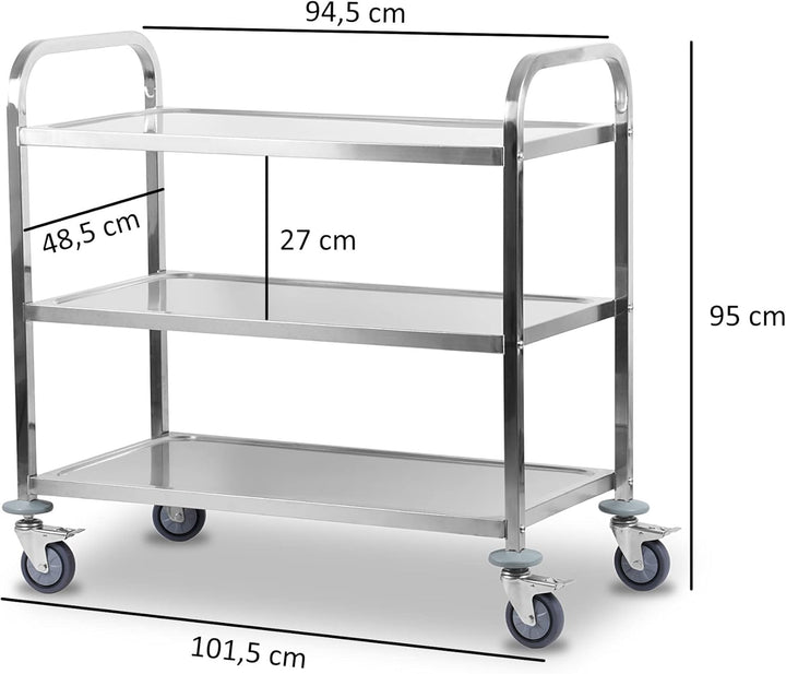 Mahlzeit Edelstahl Servierwagen mit 3 Etagen | 101,5 x 95 x 48,5 cm | Servicewagen mit Rollen und Fe