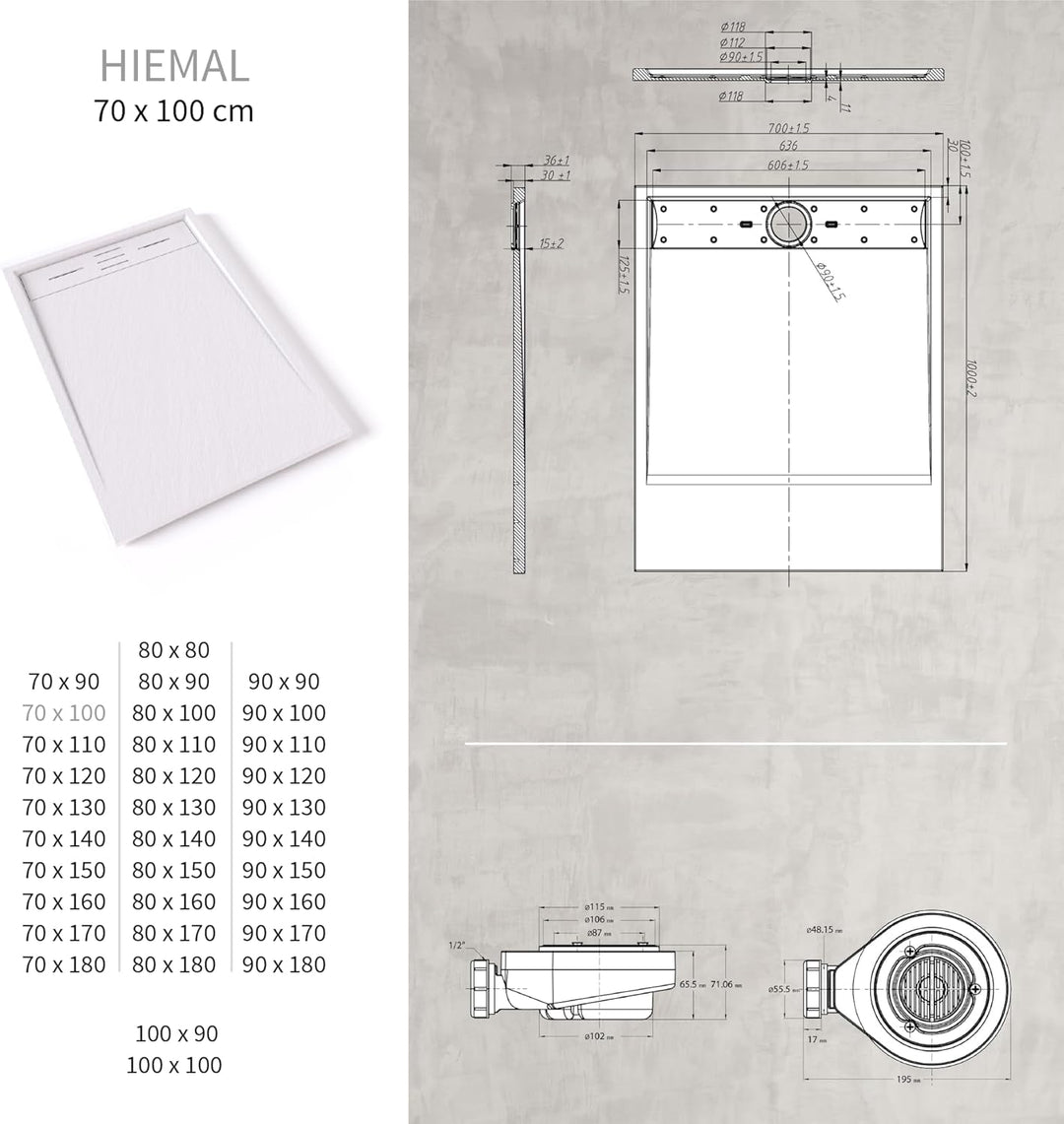 SMC Duschwanne HIEMAL 70x100 cm Weiss RAL9016 extra flache robuste Duschtasse, ANTI-Rutsch-Oberfläch
