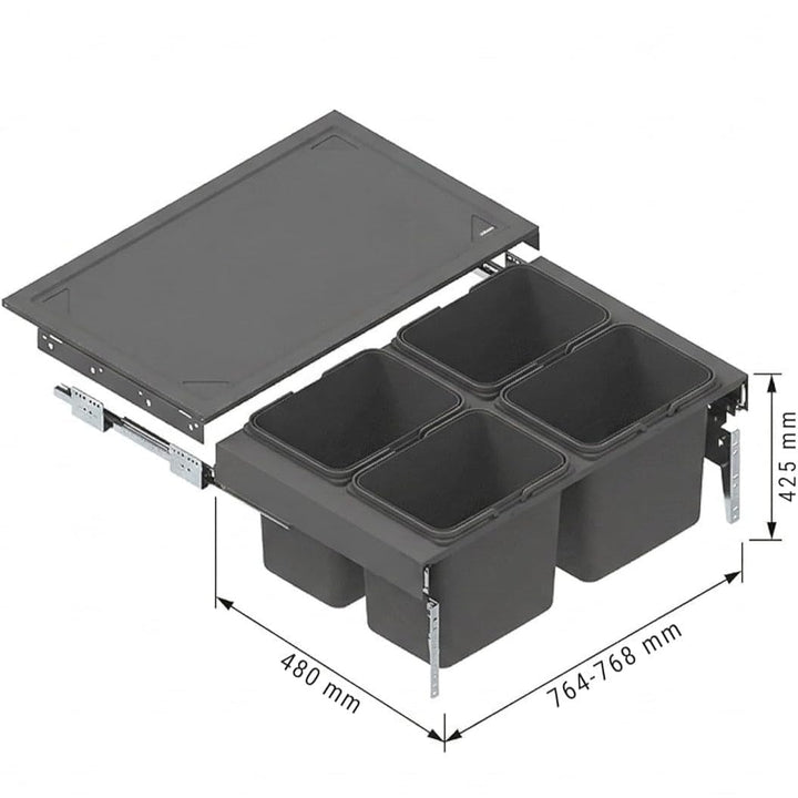 Einbau Mülleimer für 80 cm Küchenschrank 4x20L Abfallsystem mit Metall Vollauszug Soft Close Frontmo