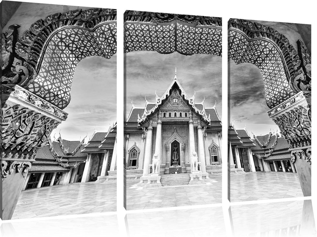 Pixxprint Marmortempel von Bangkok Kunst B&W / 3-Teilig/Gesamtmass 120cm Leinwandbild bespannt auf H